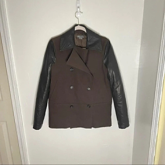 Vince Double Breasted Brown Pea Coat with Faux Leather Sleeves and Collar - Picture 2 of 9